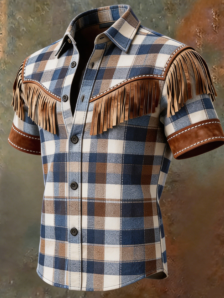 Men's Retro Western Printed Vintage Tassel Casual Short Sleeves Shirt
