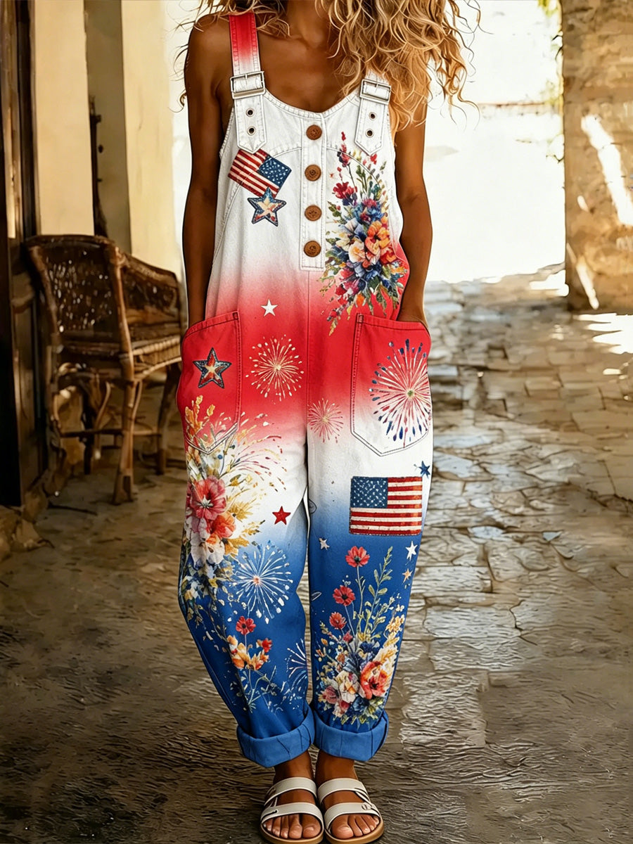 Women's Retro Style Print Washed Cotton Denim Patchwork Jumpsuit