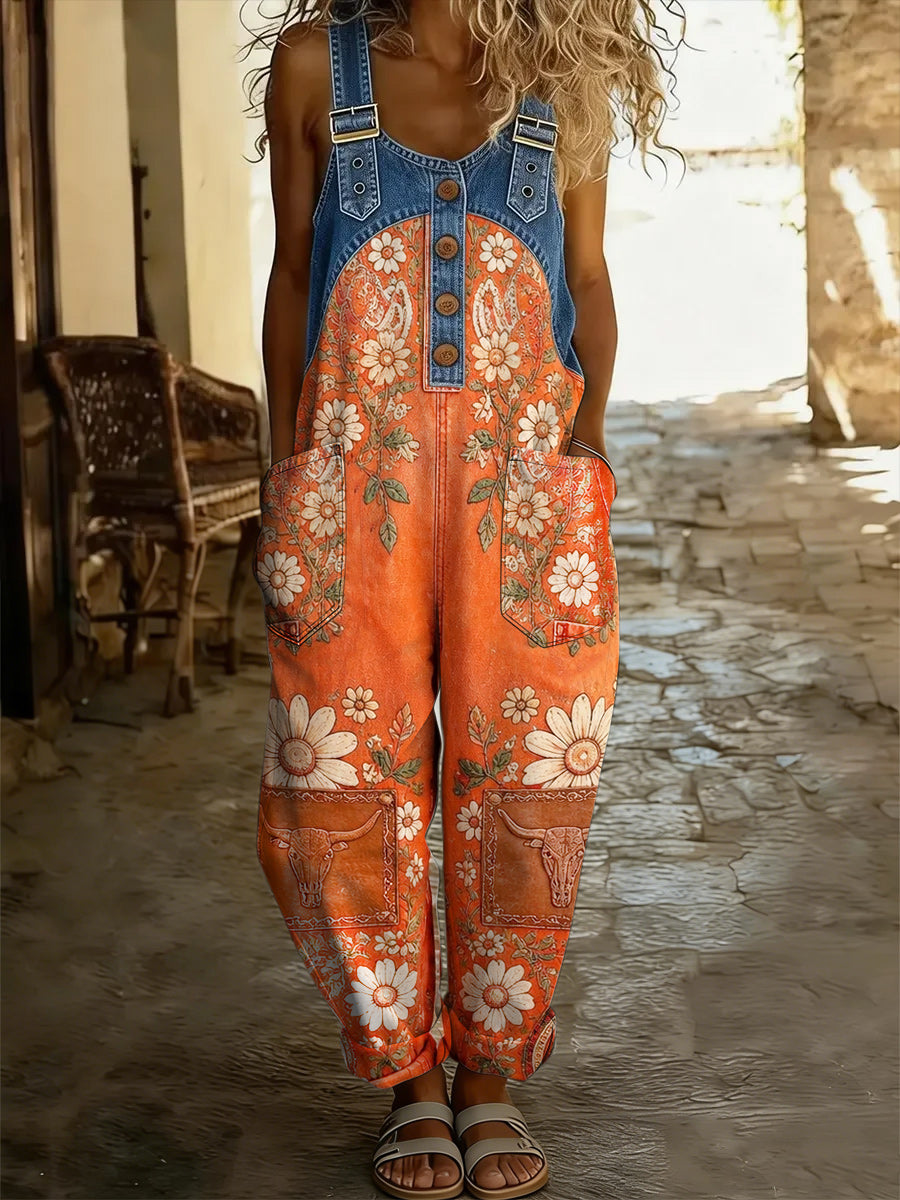 Women's Retro Style Print Washed Cotton Denim Patchwork Jumpsuit