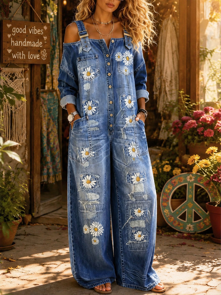 Women's Retro Style Art Print Washed Cotton Denim Off-The-Shoulder Jumpsuit
