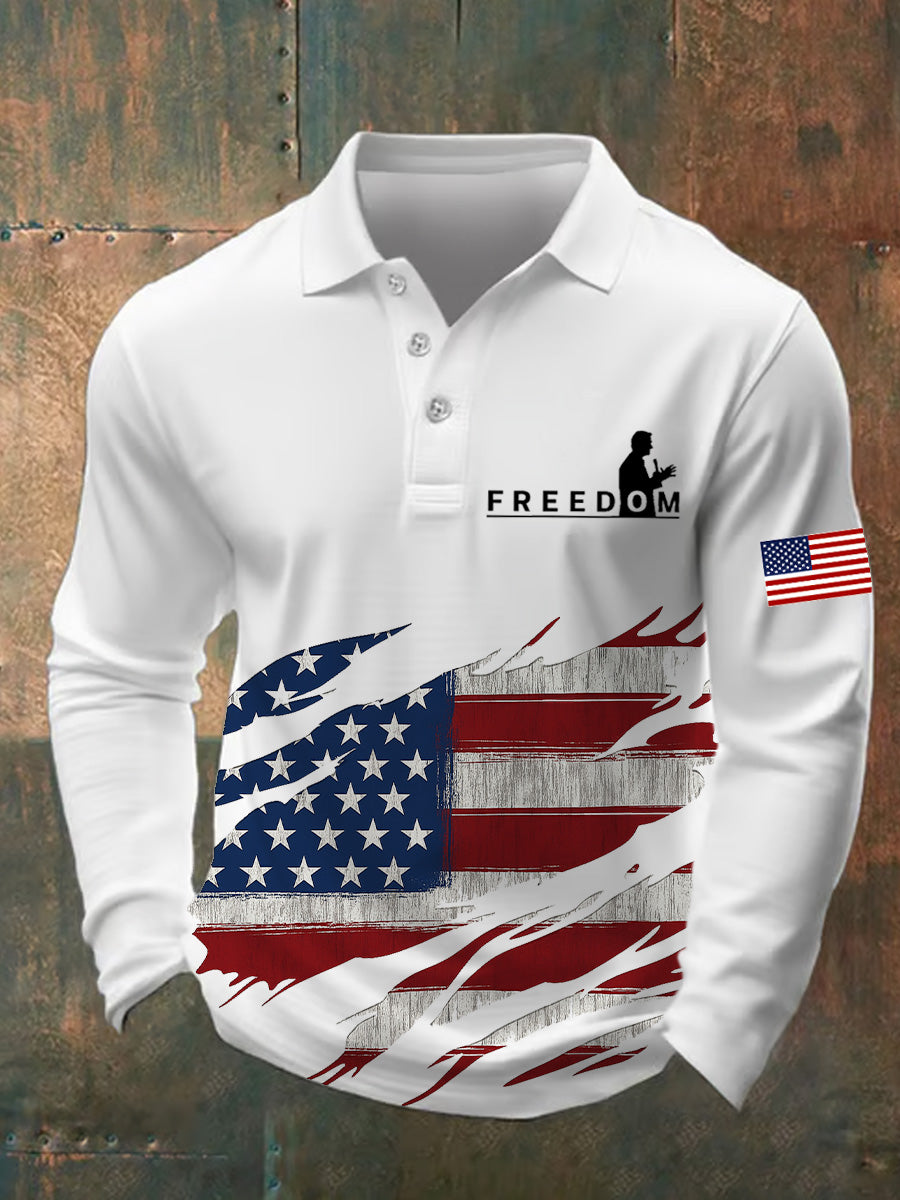 Men's Freedom American Flag Print Casual Retro V-Neck Long Sleeves Polo Shirt