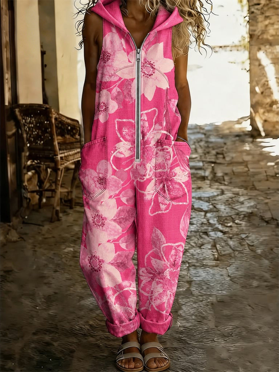 Women's Retro Style Art Print Washed Cotton Denim Sleeveless Hooded Zipper Jumpsuit