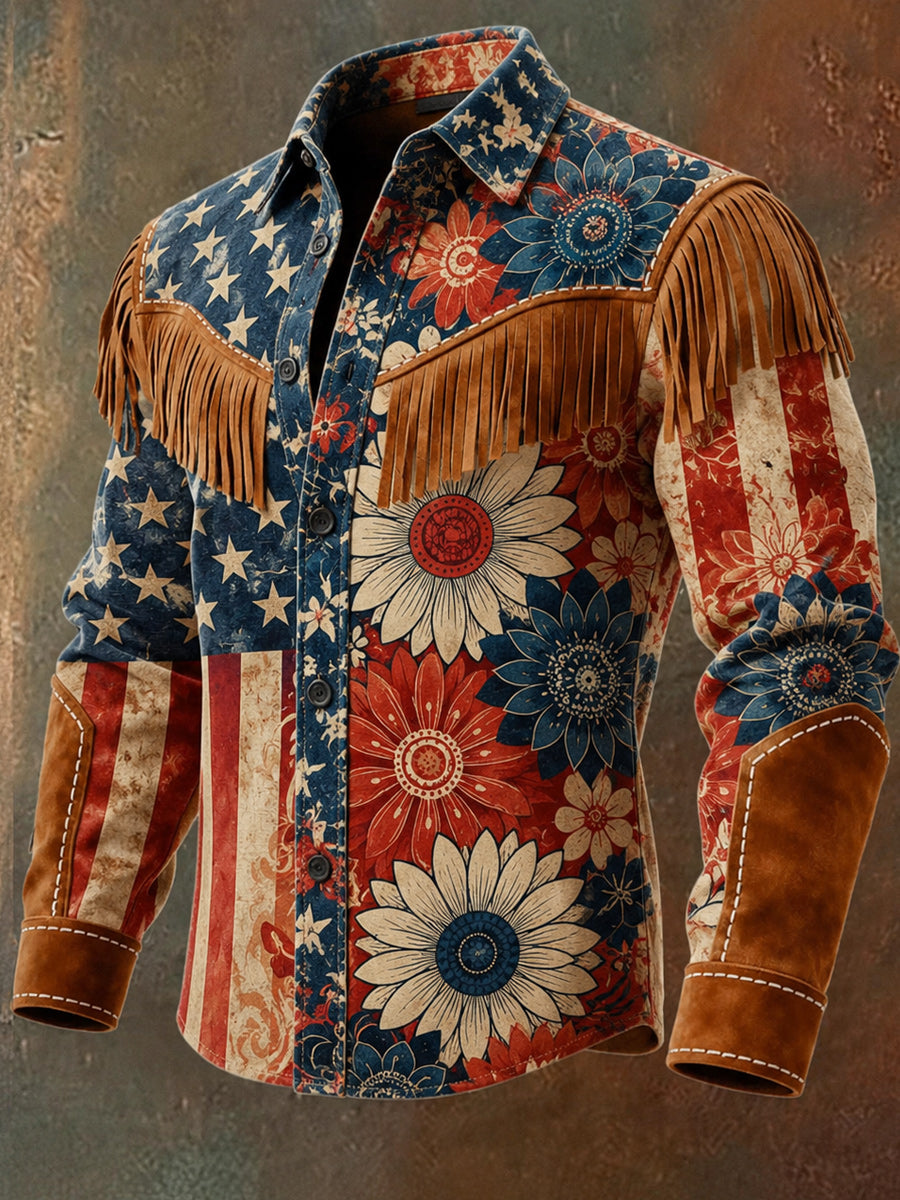 Men's Retro Style Art Print Western Vintage Tassel Casual Long Sleeve Shirt