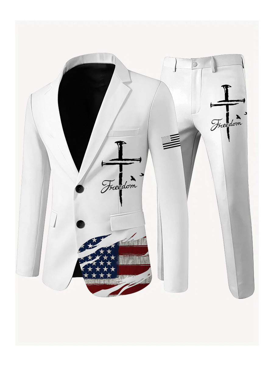Men's Freedom American Flag Print Casual Jacket Trousers Two-Piece Suits