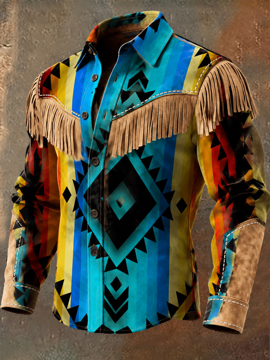 Men's Retro Style Art Print Western Vintage Tassel Casual Long Sleeve Shirt