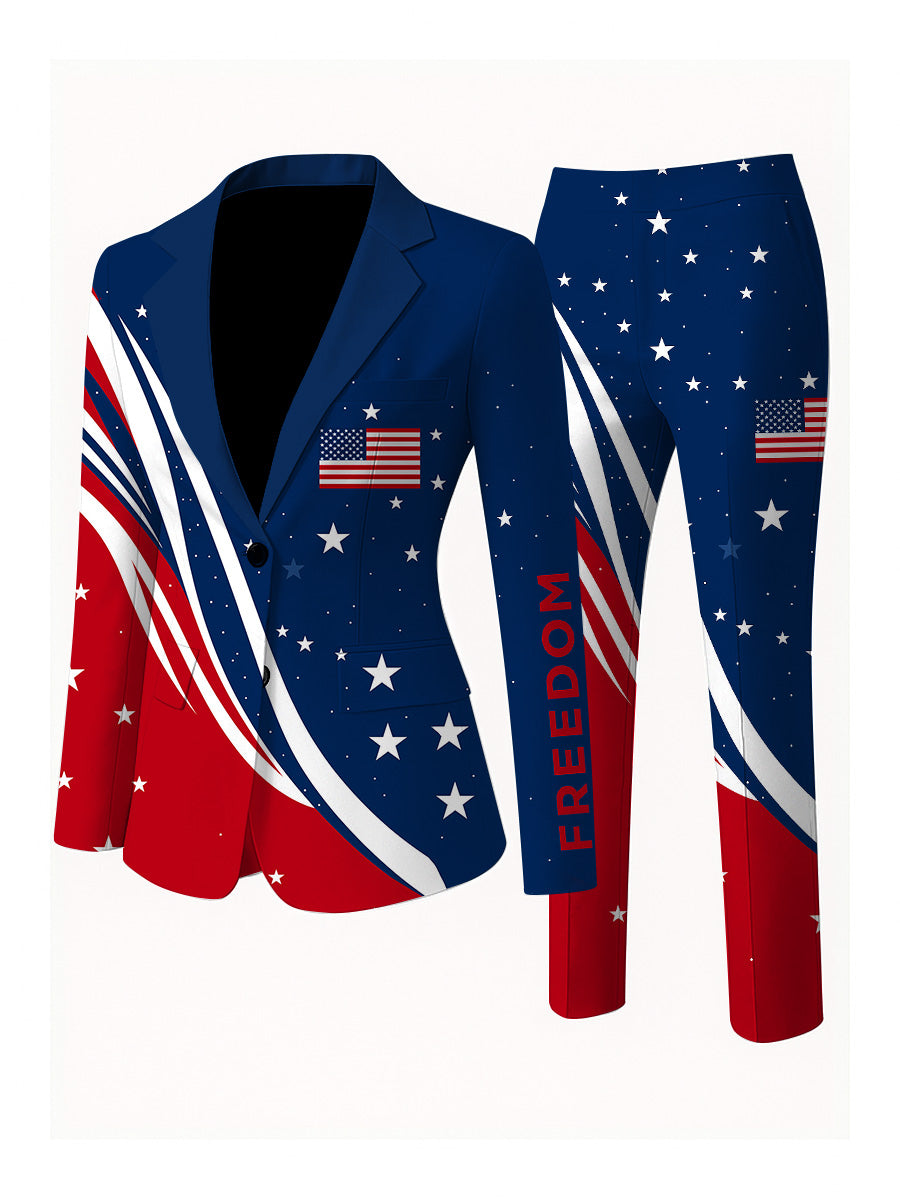 Women's Freedom American Flag Print Casual Blazer Trousers Two-Piece Suits