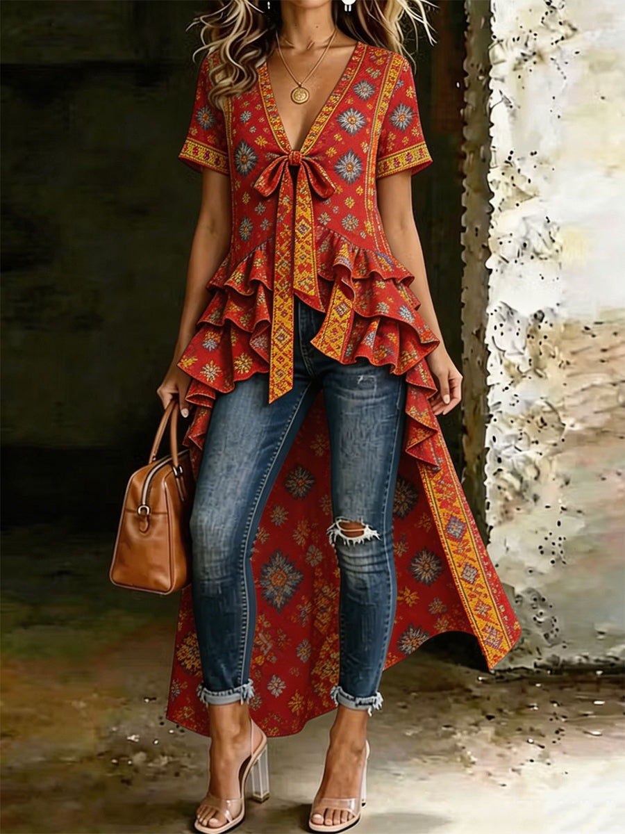 Retro Style Art Printed V-Neck Vintage Casual Irregular Short-Sleeved Top