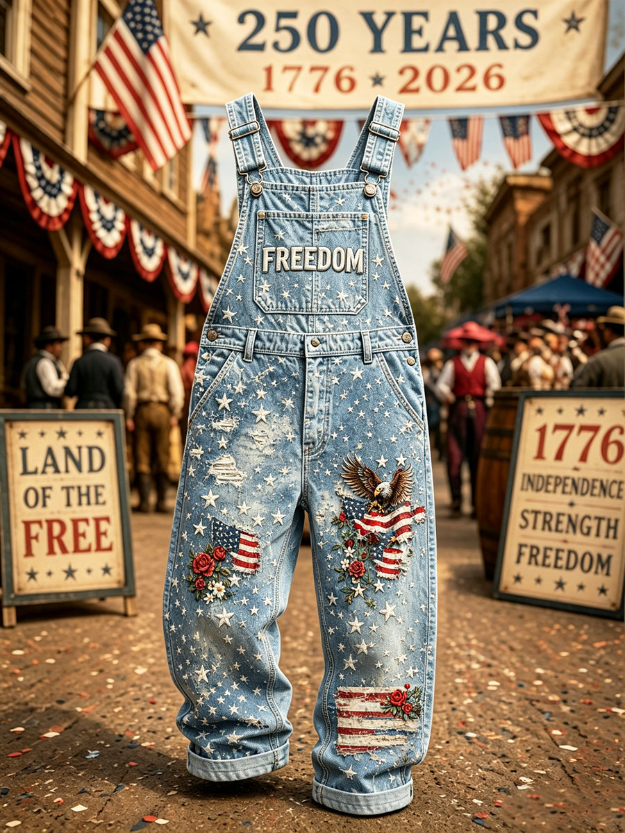 Men's Retro U.S A Freedom Print Vintage Casual Retro Denim Overalls