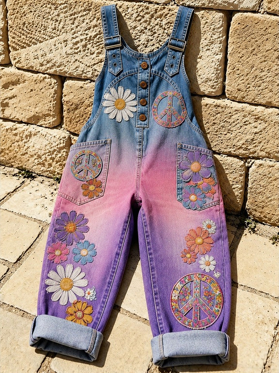 Women's Retro Style Print Washed Cotton Denim Patchwork Jumpsuit