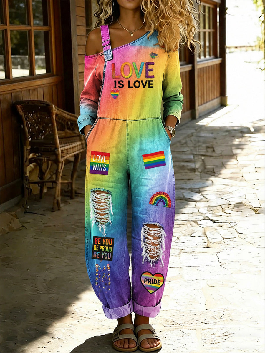 Women's Retro Pride Month Rainbow Art Print Washed Cotton Denim Patchwork Jumpsuit