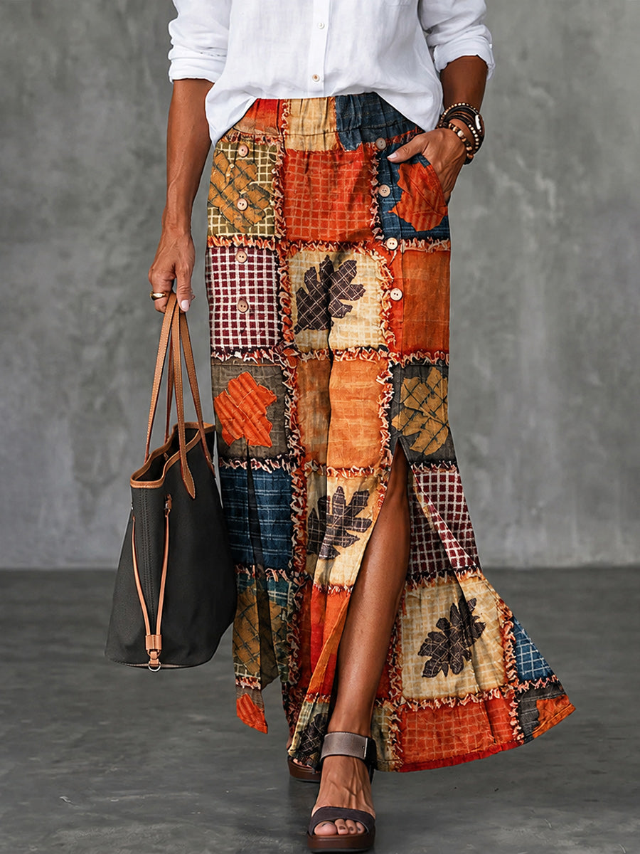 Women's Retro Art Print Button Front Wide Leg Pants