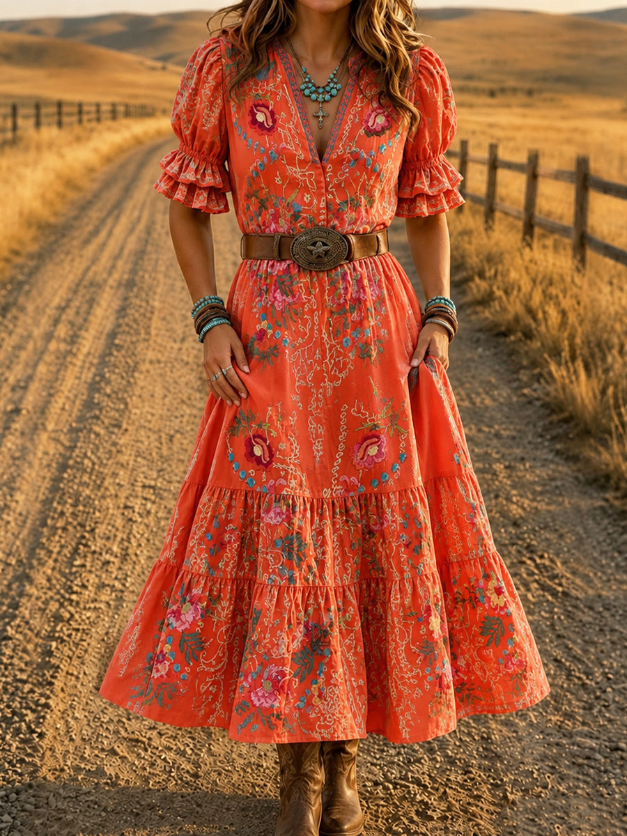 Women's Retro Art Print Washed Cotton Lace Patchwork Midi Dress