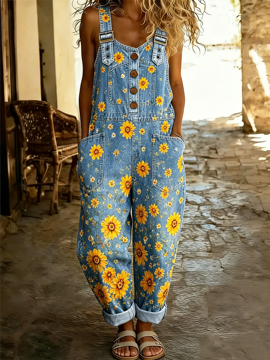 Women's Retro Style Art Print Washed Cotton Denim Patchwork Jumpsuit