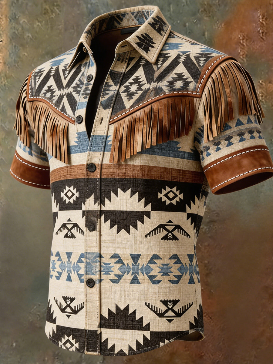 Men's Retro Western Printed Vintage Tassel Casual Short Sleeves Shirt