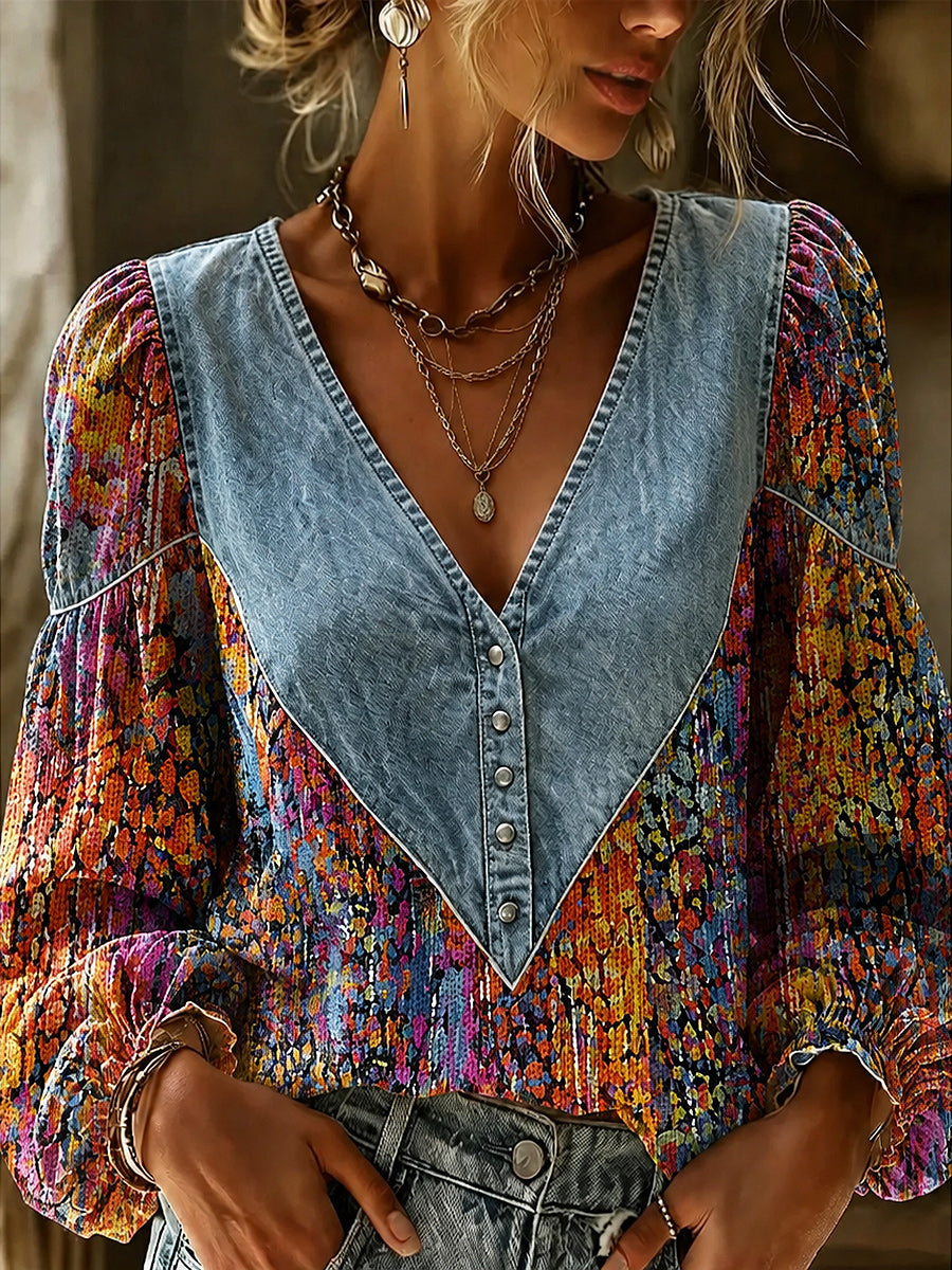 Retro Style Denim Patchwork Art Printed Vintage V-Neck Casual Long Sleeve Shirt