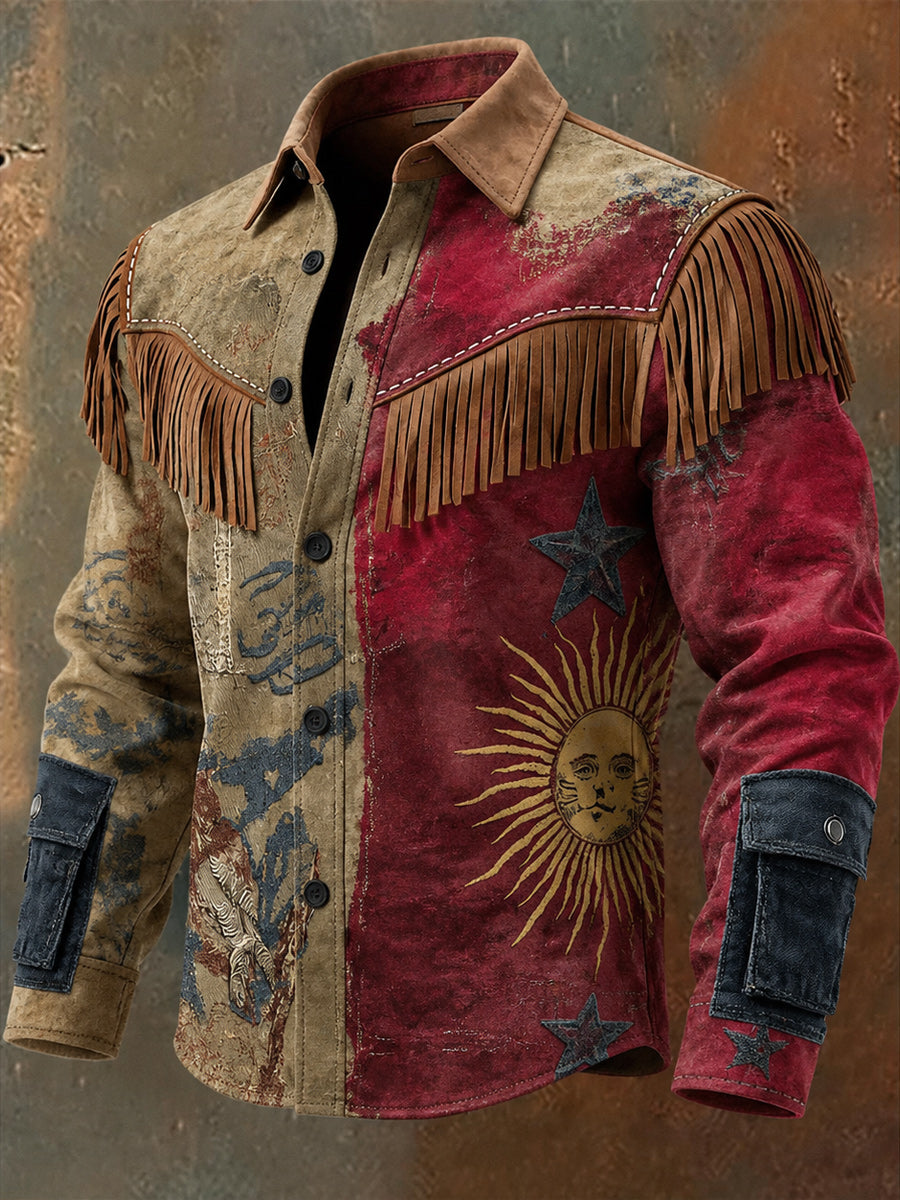 Men's Retro Style Art Print Western Vintage Tassel Casual Long Sleeve Shirt