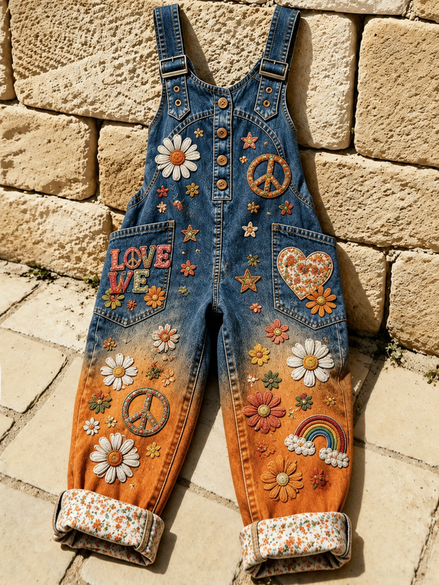 Women's Retro Style Print Washed Cotton Denim Patchwork Jumpsuit