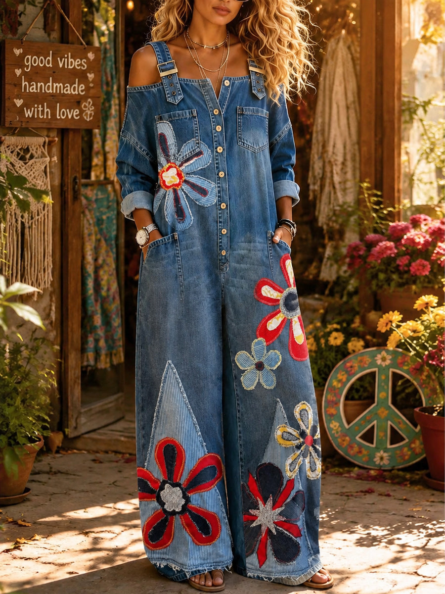 Women's Retro Style Art Print Washed Cotton Denim Off-The-Shoulder Jumpsuit
