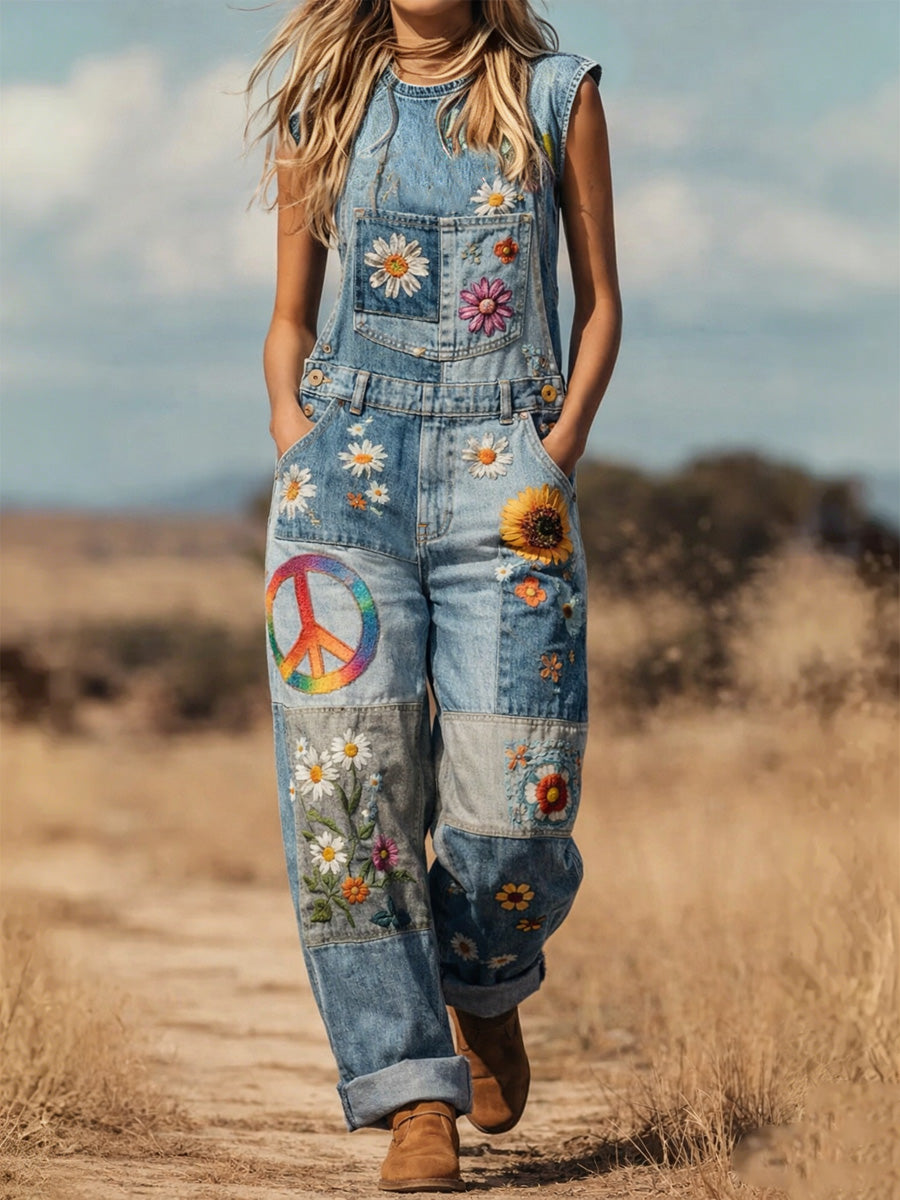Women's Retro Floral Color-Blocked Art Print Round Neck Denim Patchwork Jumpsuit