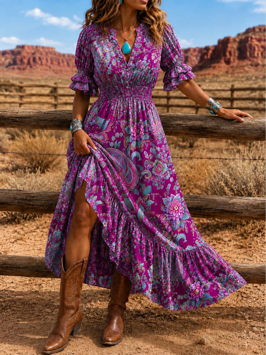 Women's Retro Art Print Washed Cotton Lace Patchwork Midi Dress