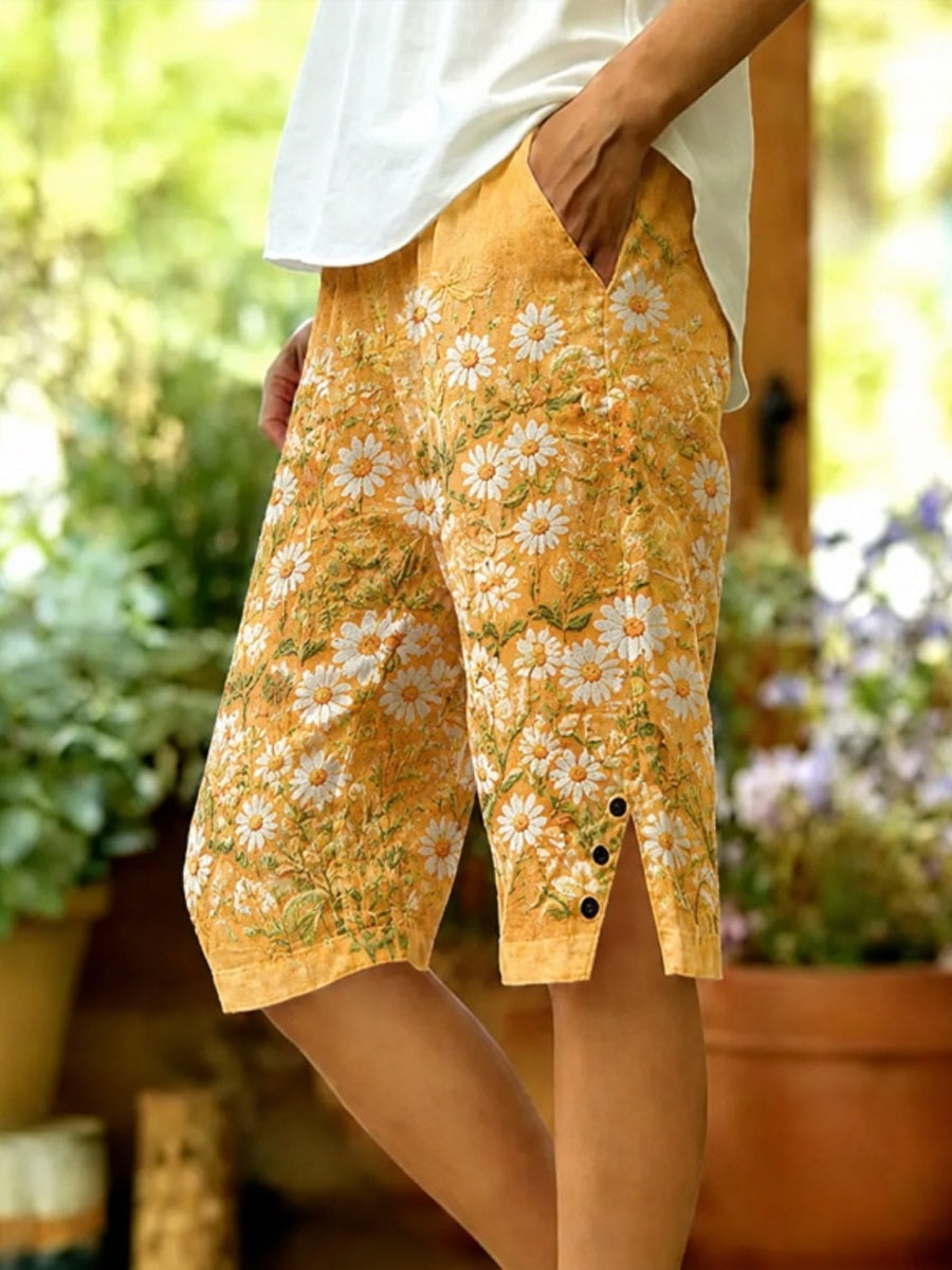Retro Style Floral Print Vintage Casual Denim Shorts