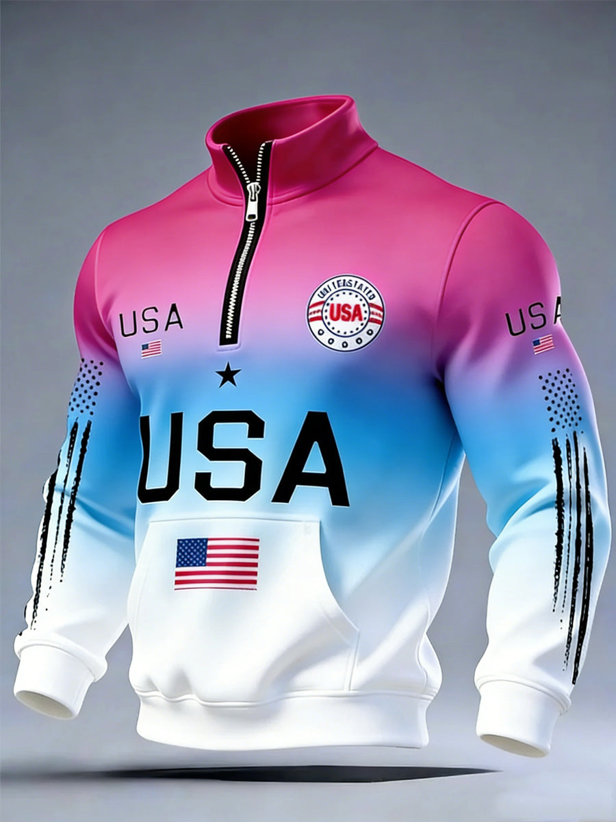 USA Flag Art Print Long Sleeve Zipper Sweatshirt