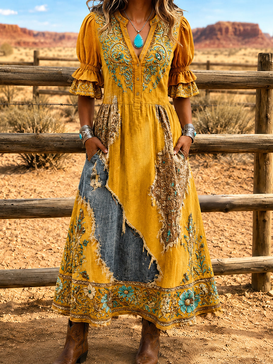 Women's Retro Art Print Washed Cotton Layered Patchwork Midi Dress