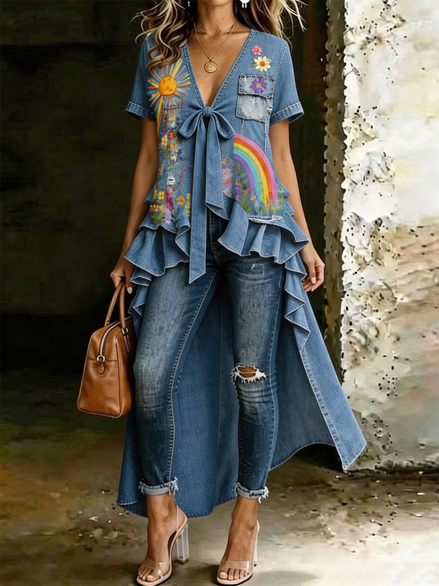Retro Style Art Printed V-Neck Vintage Casual Irregular Short-Sleeved Top
