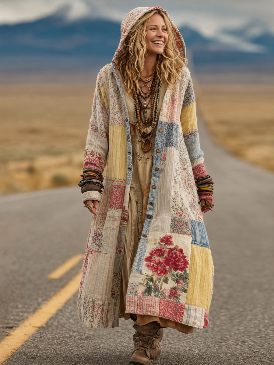 Retro Bohemian Style Art Printed Cotton Buttoned Hooded Casual Loose Long-Sleeved Shirt