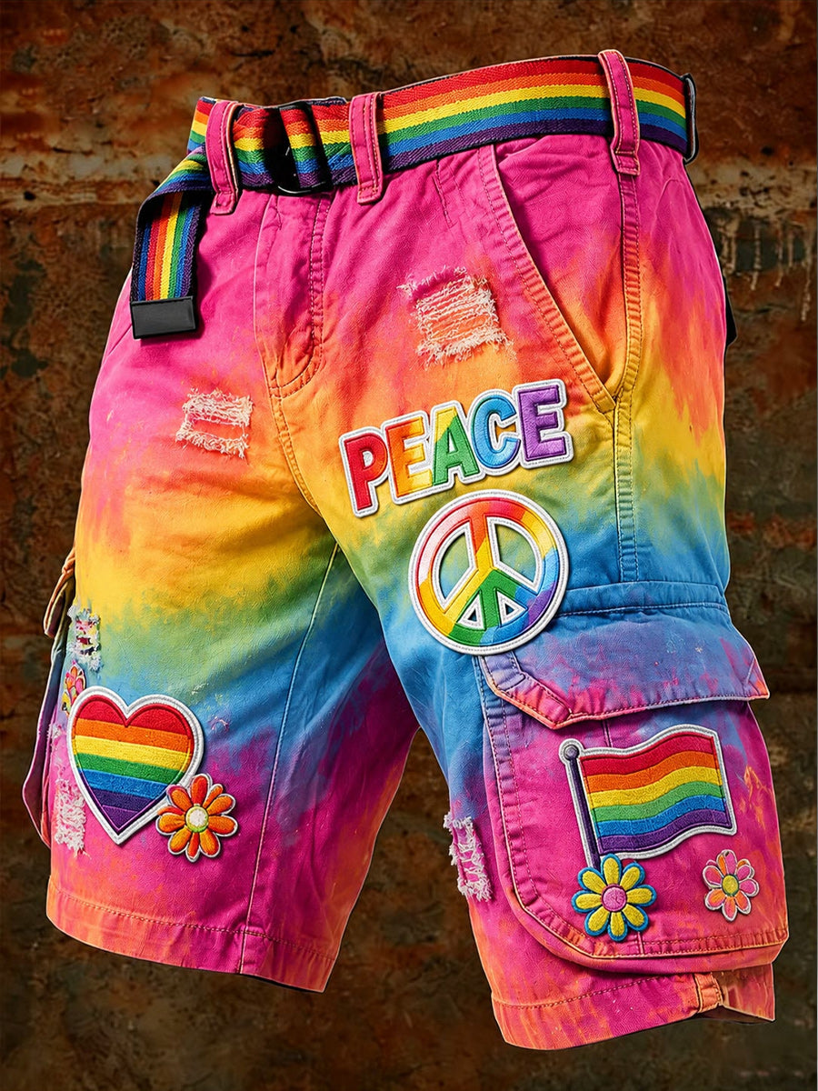 Men's Retro Pride Month Rainbow Art Print Casual Loose Pocket Work Shorts