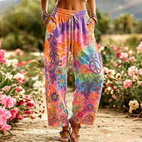 Women's Vintage Floral And Peace Art Pattern Casual Linen Pants