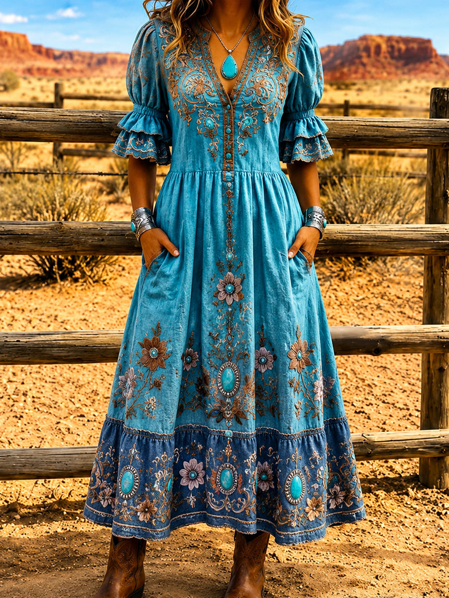 Women's Retro Art Print Washed Cotton Layered Patchwork Midi Dress