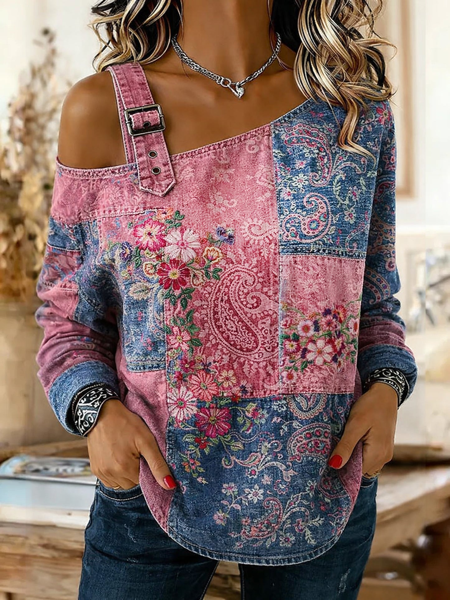 Women's Retro Floral Color-Blocked Art Print Washed Denim Long Sleeve Shoulder Strap Top