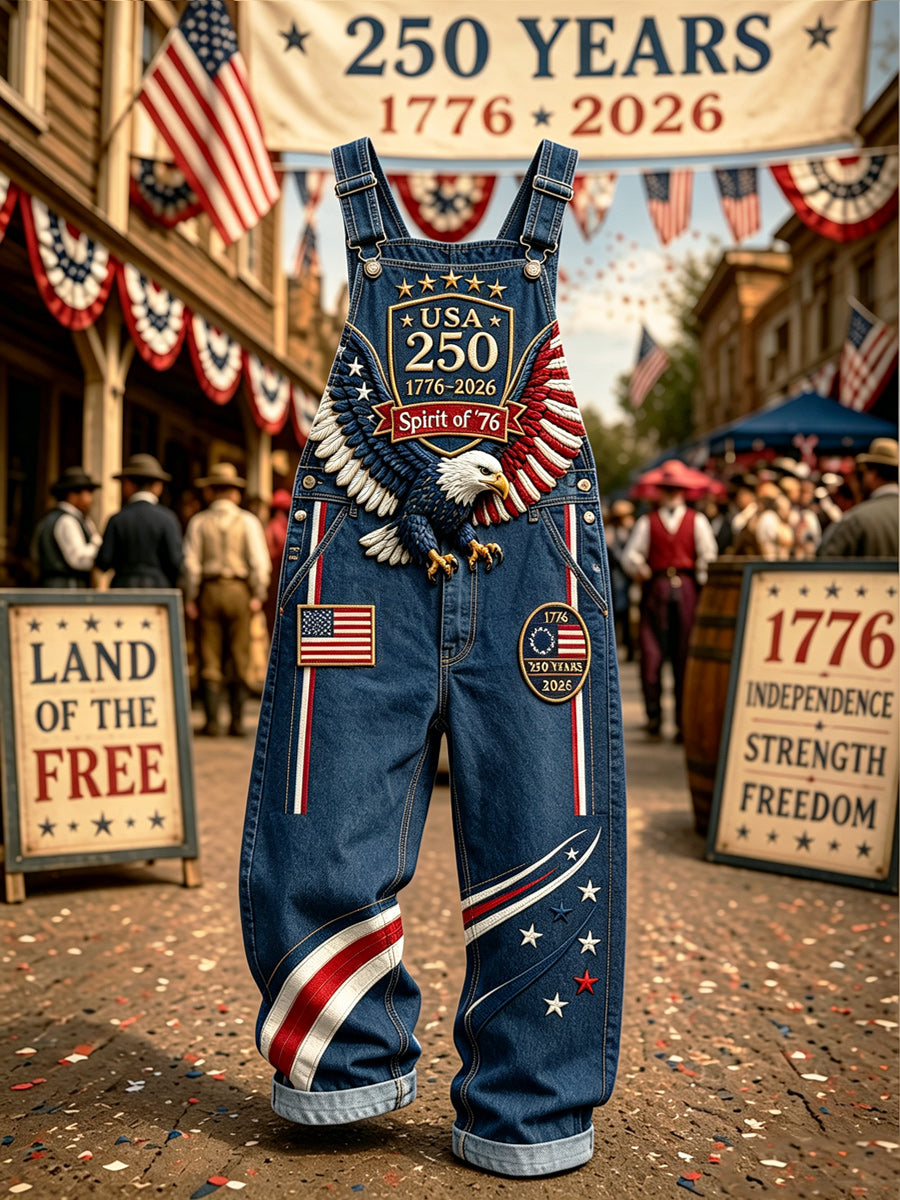 Men's Retro U.S A Freedom Print Vintage Casual Retro Denim Overalls