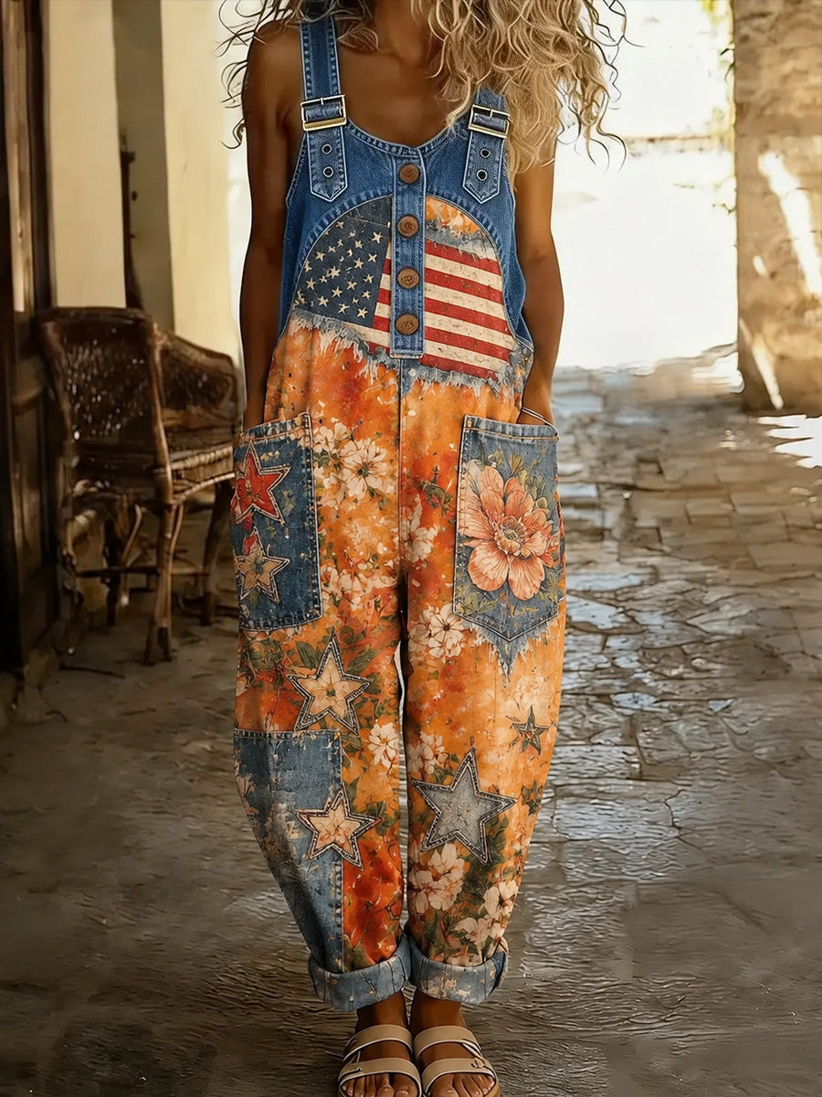Women's Retro Style Print Washed Cotton Denim Patchwork Jumpsuit