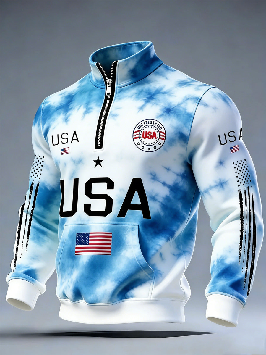 USA Flag Art Print Long Sleeve Zipper Sweatshirt