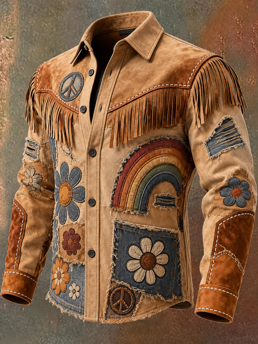 Men's Retro Hippie Art Print Western Vintage Tassel Casual Long Sleeve Shirt