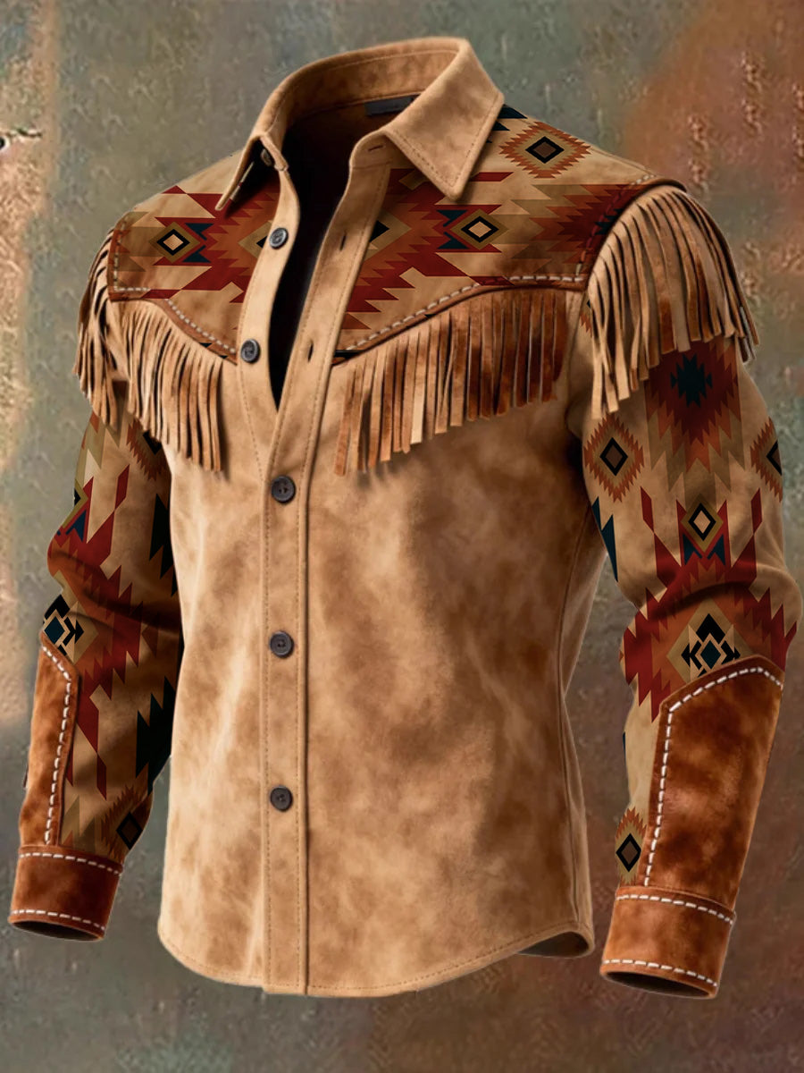 Men's Retro Western Style Art Print Vintage Tassel Casual Long Sleeve Shirt