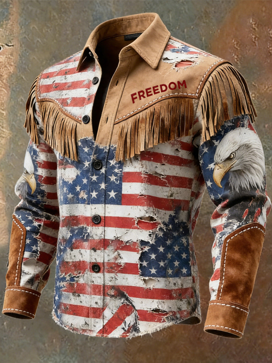 Men's Retro Western USA Flag Business Style Art Print Vintage Tassel Casual Long Sleeve Shirt