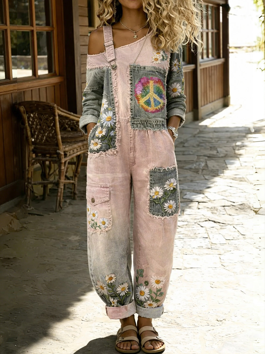 Women's Retro Hippy Floral Art Print Washed Cotton Denim Patchwork Jumpsuit