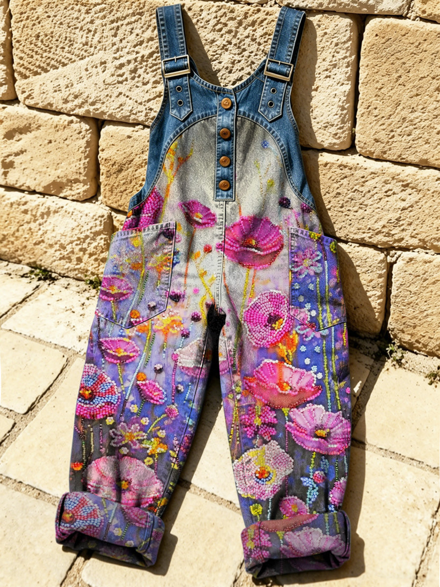 Women's Retro Style Print Washed Cotton Denim Patchwork Jumpsuit