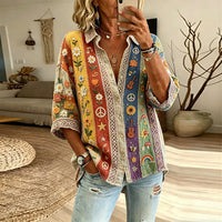 Women's Hippie Floral And Peace Symbol Art Patchwork Cotton Linen Long-sleeved Shirt