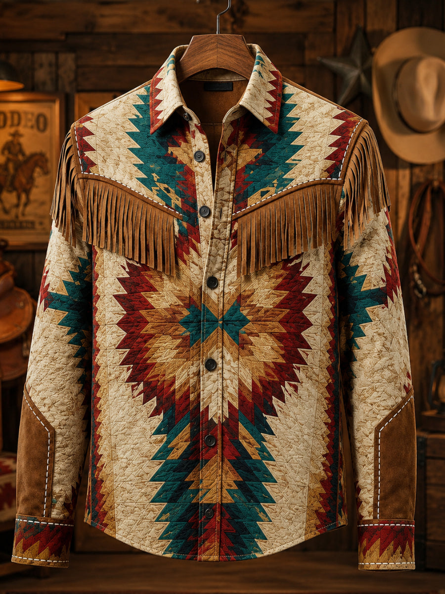 Men's Retro Style Art Print Western Vintage Tassel Casual Long Sleeve Shirt