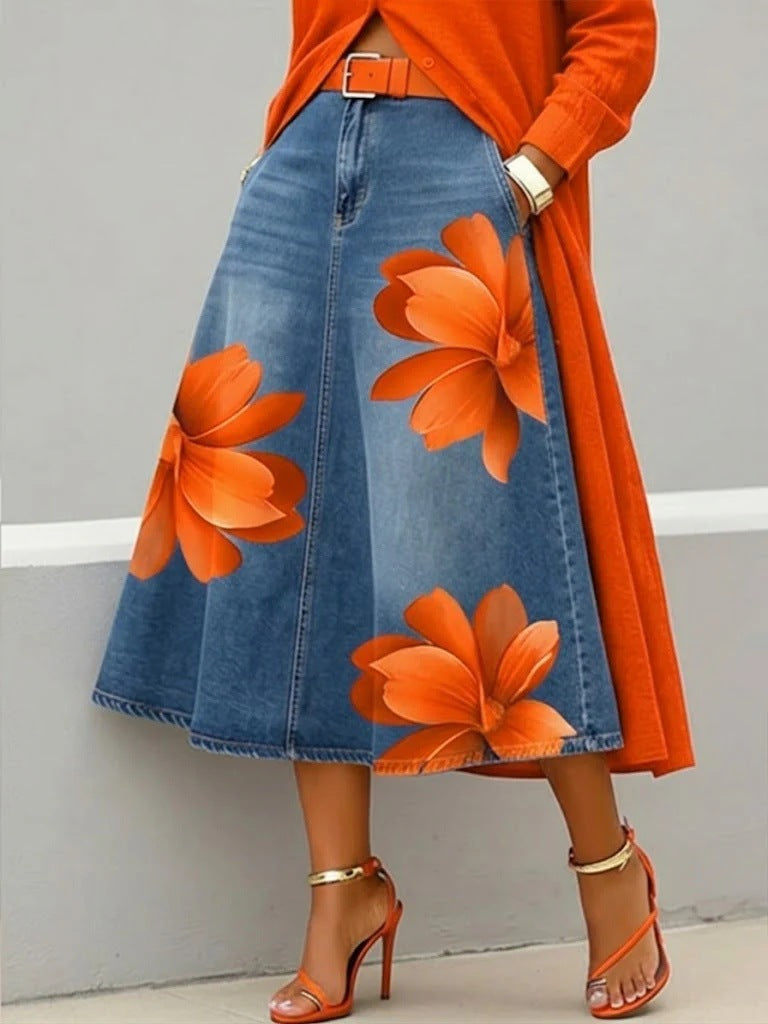 Women's Vintage Floral Print Casual Mid Length Skirt