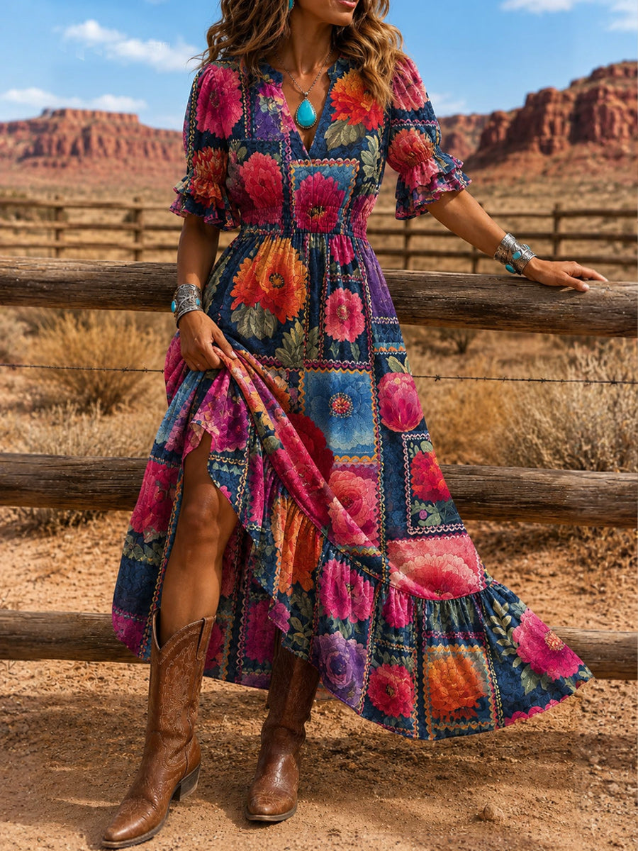 Women's Retro Art Print Washed Cotton Layered Patchwork Midi Dress