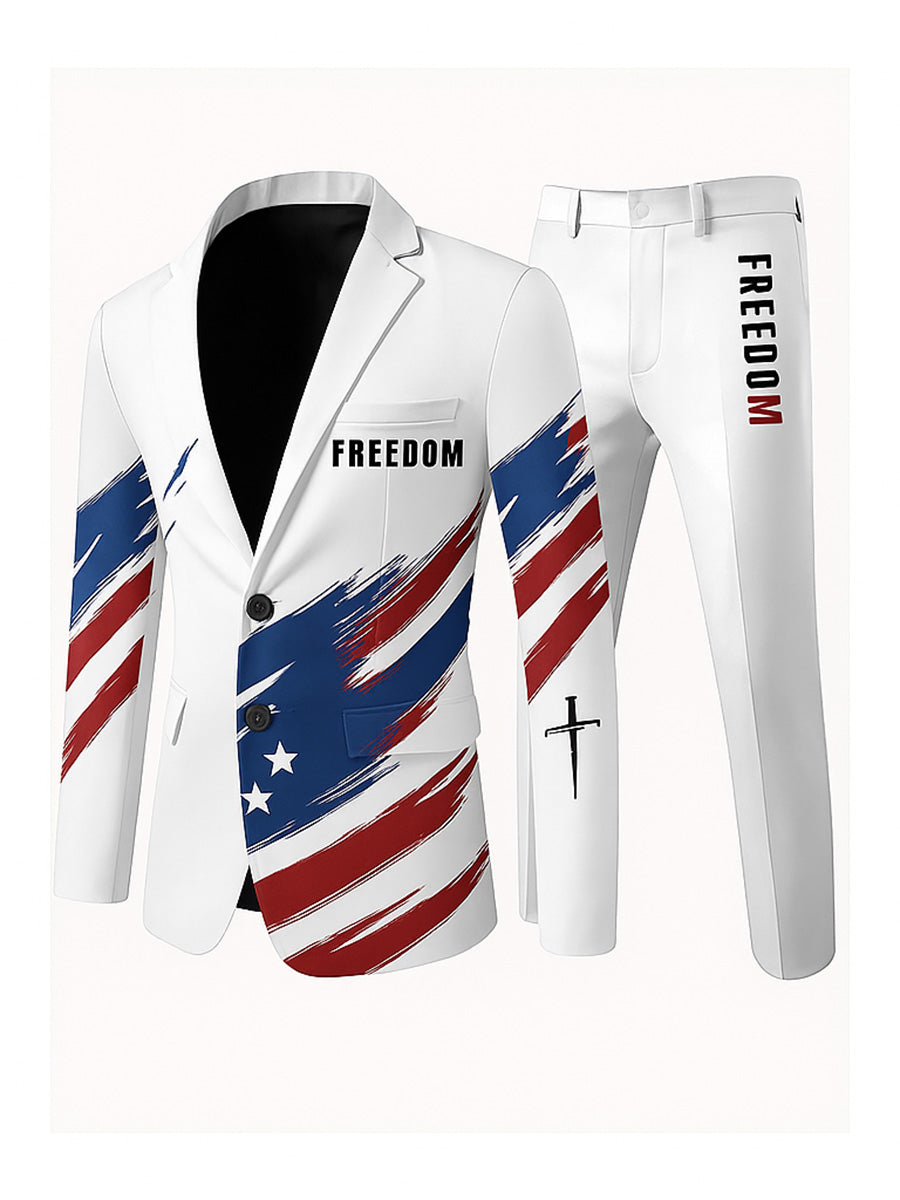 Men's Freedom American Flag Print Casual Jacket Trousers Two-Piece Suits