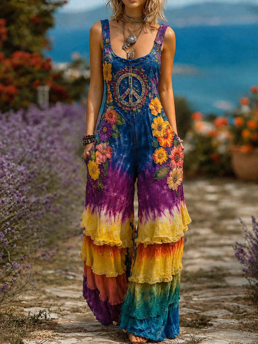 Women's Retro Style Art Print Washed Cotton Denim Patchwork Jumpsuit