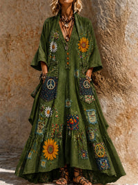 Retro Style Art Printed Vintage Camisole Dress Long Sleeve Two-Piece Maxi Dress