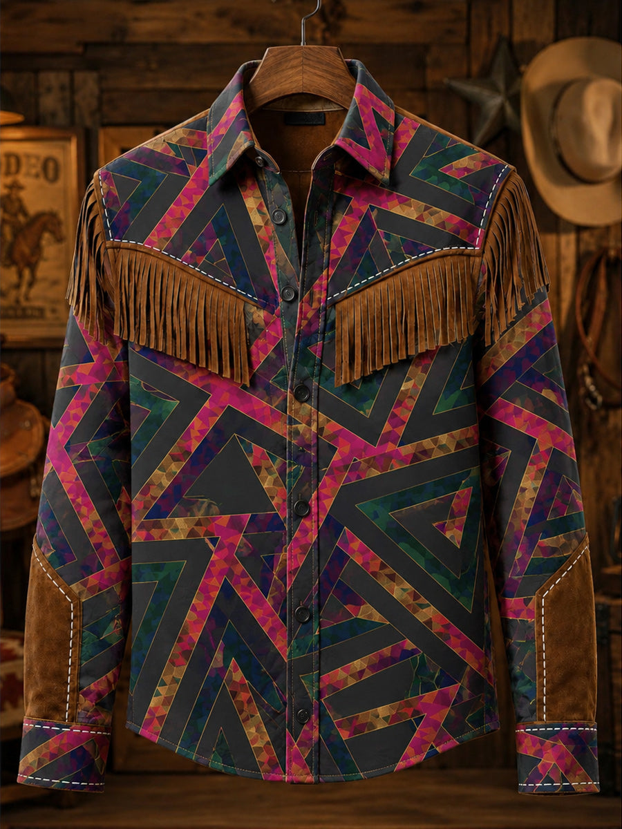 Men's Retro Style Art Print Western Vintage Tassel Casual Long Sleeve Shirt