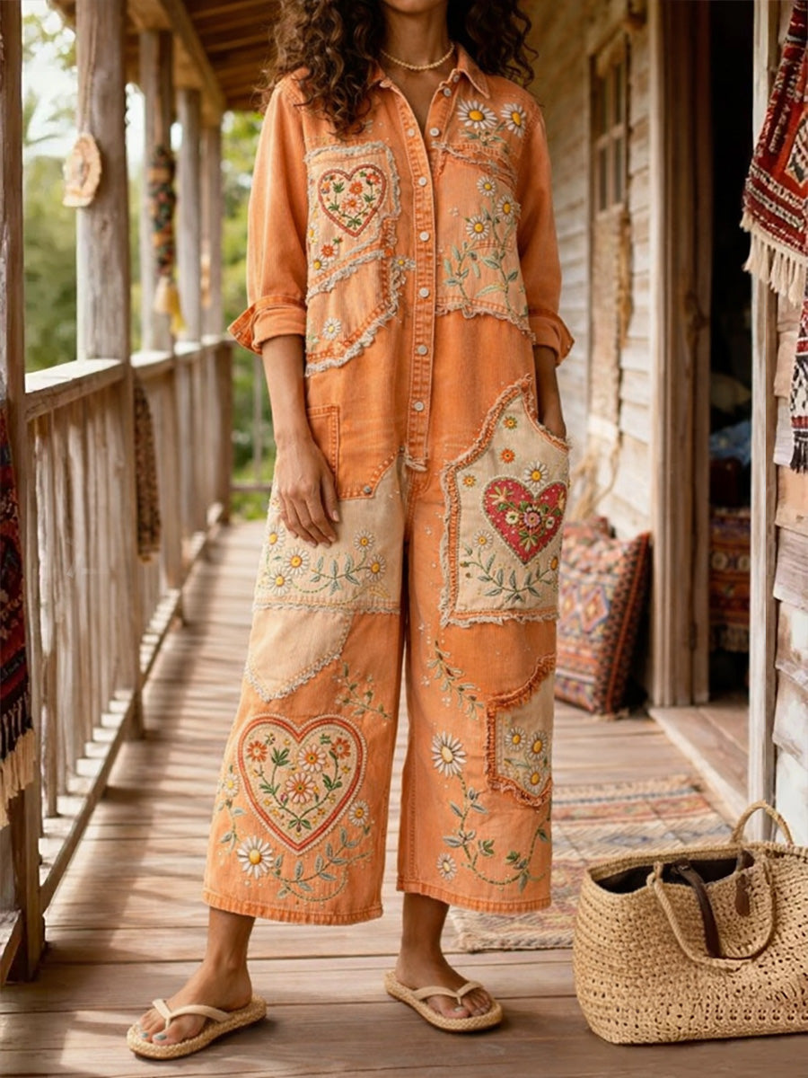 Women's Retro Floral Color-Blocked Art Print Long Sleeves Patchwork Jumpsuit